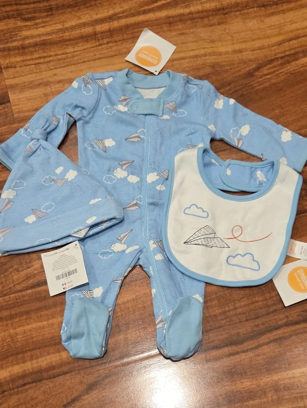 Gymboree NWT Newborn Blue Paper Airplane Footie Romper, Hat and Bib